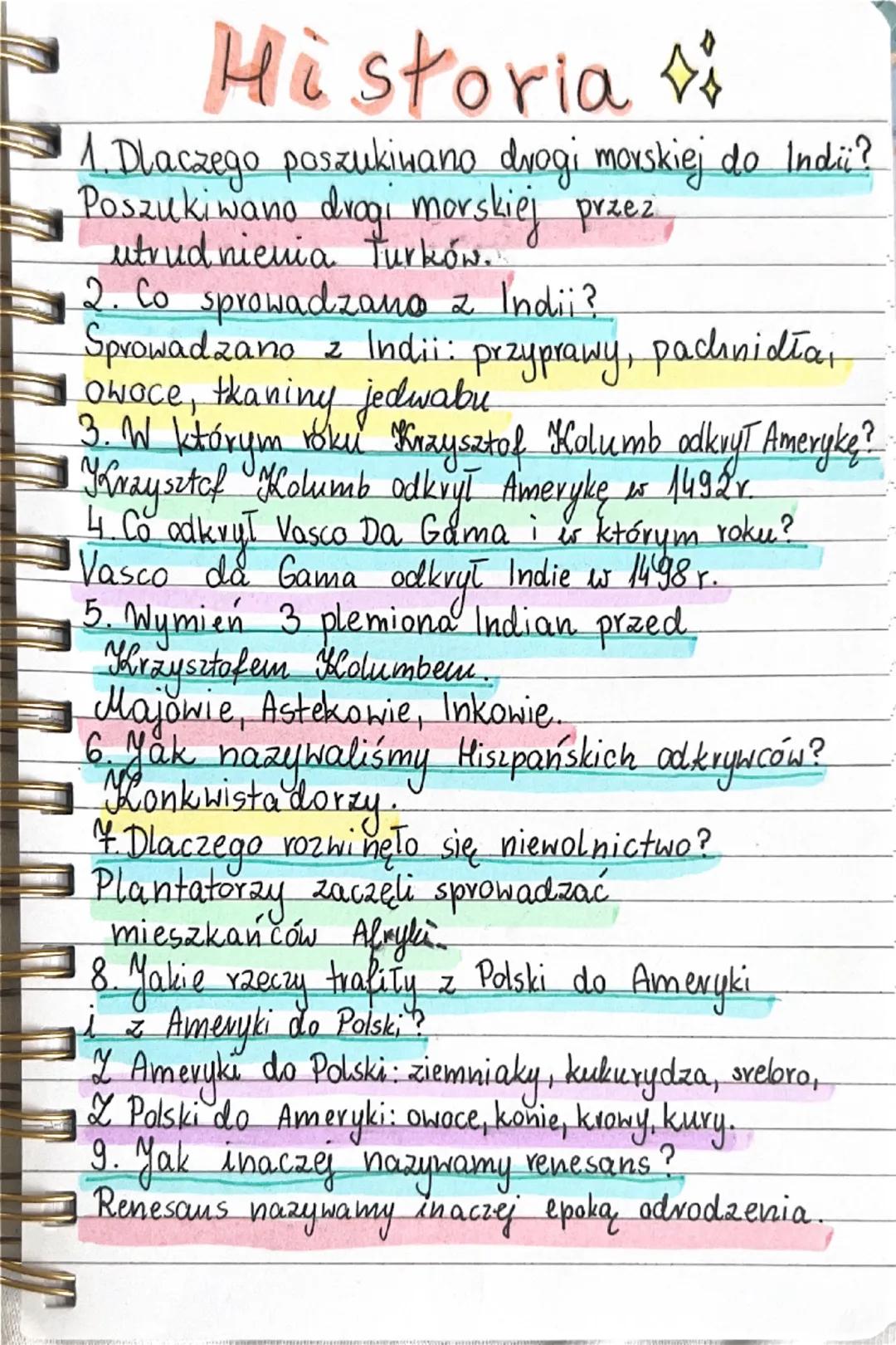 Historia
1. Dlaczego poszukiwano drogi morskiej do Indii?
Poszukiwano drogi morskiej przez,
utrudnienia Turków.
2. Co sprowadzano z Indii?
S