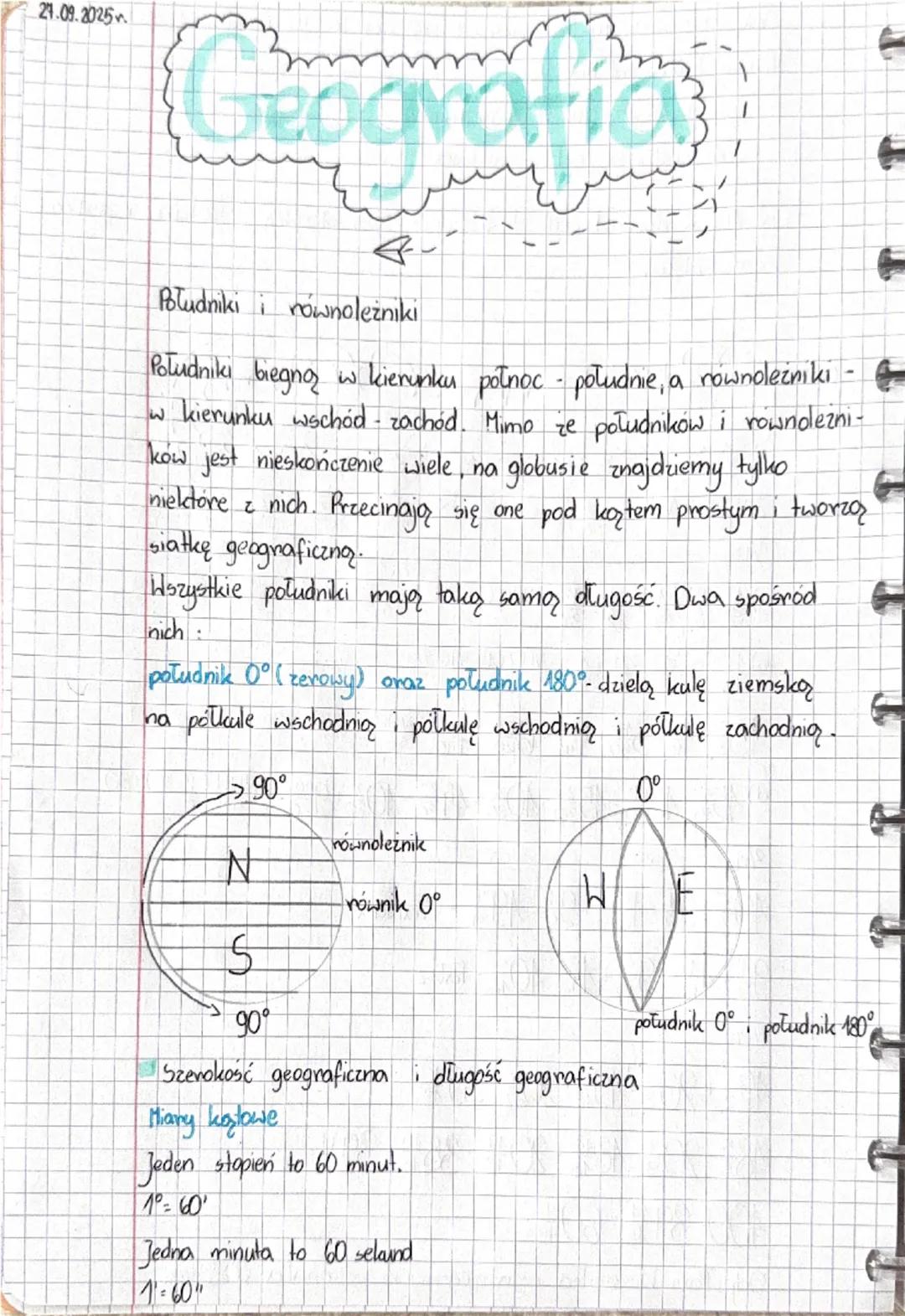 21.09.2025.

# Geografia

Południki i równoleżniki

Poludniki biegną w kierunku północ południe, a równoleżniki -
w kierunku wschód - zachód