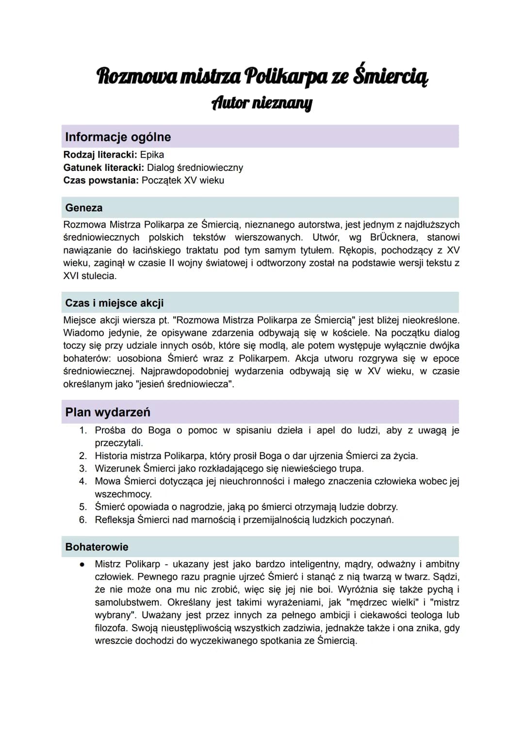 Rozmowa mistrza Polikarpa ze Śmiercią
Autor nieznany
Informacje ogólne
Rodzaj literacki: Epika
Gatunek literacki: Dialog średniowieczny
Czas