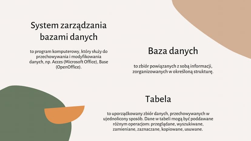 Bazy danych
Podstawowe pojęcia System zarządzania
bazami danych
to program komputerowy, który służy do
przechowywania i modyfikowania
danych