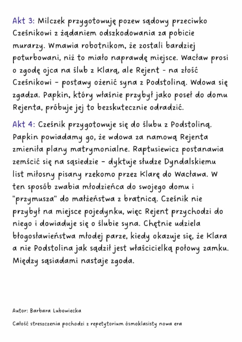zemsta
streszczenie
Akt 1: Cześnik Raptusiewicz planuję poślubić bogatą wdowę
Podstolinę. Wysyła do niej Papkina. Podstolina zgadza się
na ś