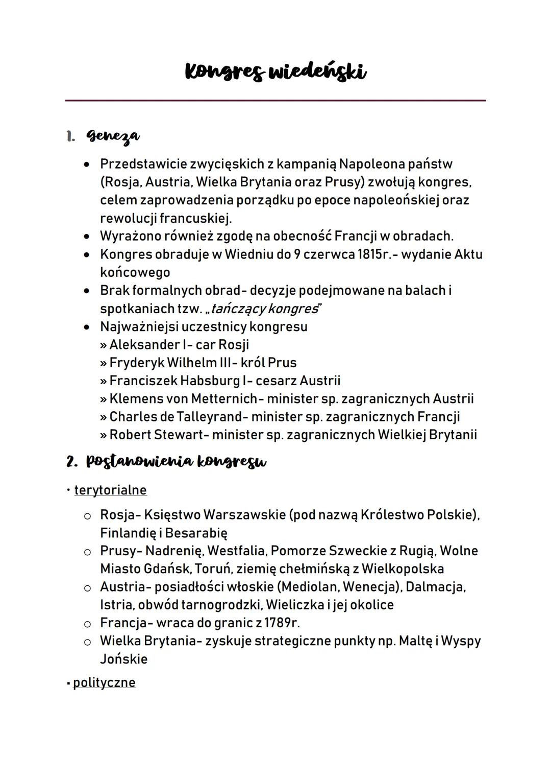 Kongres wiedeński
1. Geneza
• Przedstawicie zwycięskich z kampanią Napoleona państw
(Rosja, Austria, Wielka Brytania oraz Prusy) zwołują kon