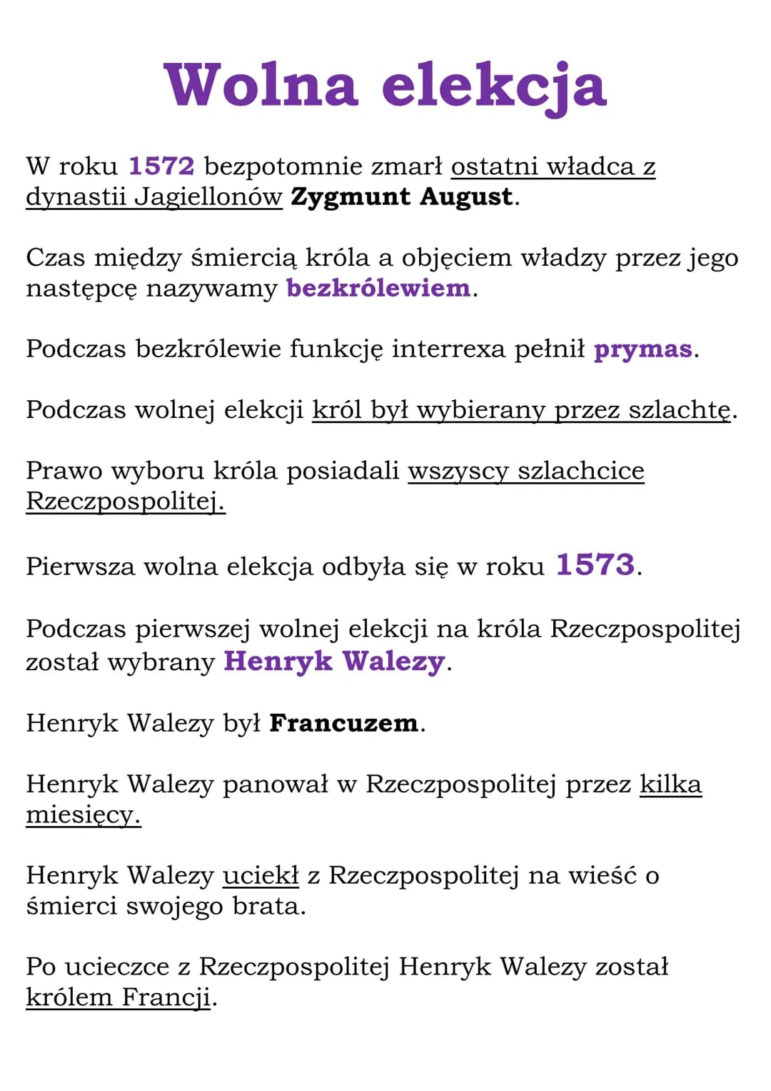 Wolna elekcja
W roku 1572 bezpotomnie zmarł ostatni władca z
dynastii Jagiellonów Zygmunt August.
Czas między śmiercią króla a objęciem wład