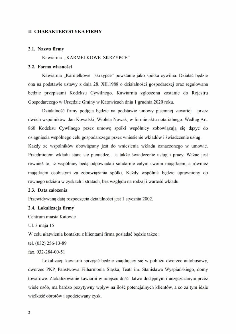 I STRESZCZENIE KIEROWNICZE
Celem niniejszego biznes planu jest przedstawienie opłacalności rozpoczęcia działalności
przez Kawiarnię „Karmelk