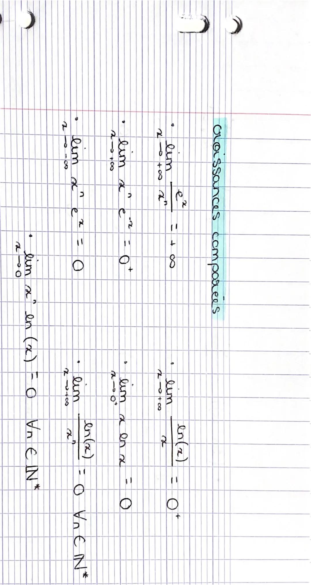 crassances comparees

$
\lim_{x \to +\infty} \frac{e^x}{x^n} = +\infty
$

$
\lim_{x \to +\infty} \frac{ln(x)}{x^n} = O^+
$

• lum
$
x \to +\