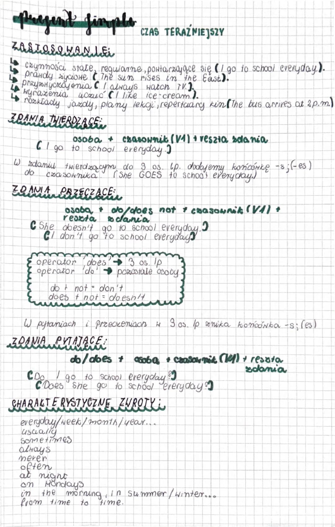 --- OCR Start ---
prezent Simple CZAS TERAŹNIEJSZY
ZASTOSOWANE
czynności state, regularne, pontarzające się (I go to school everyday.).
pran
