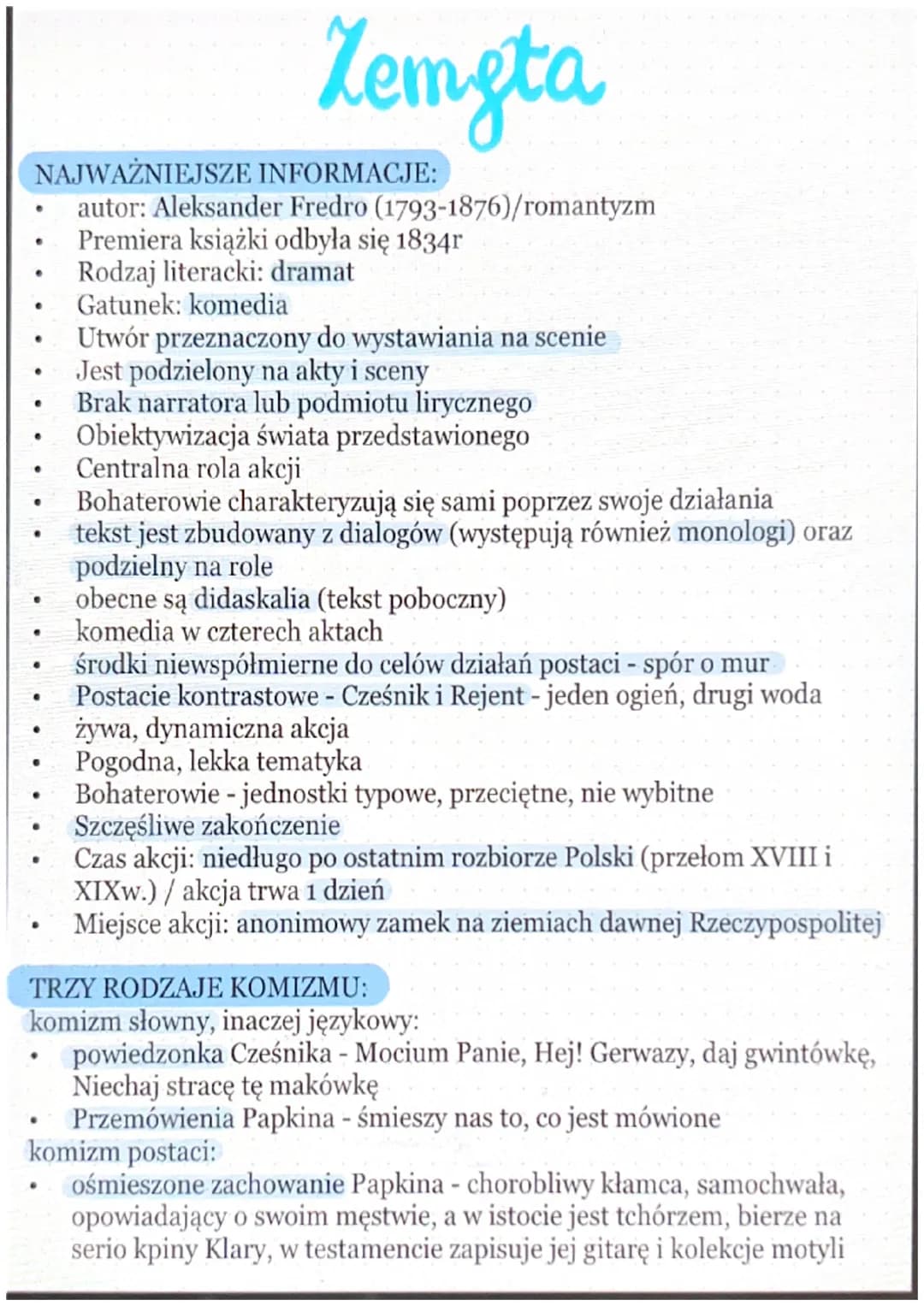 Zemsta
NAJWAŻNIEJSZE INFORMACJE:
autor: Aleksander Fredro (1793-1876)/romantyzm
Premiera książki odbyła się 1834r
Rodzaj literacki: dramat
G