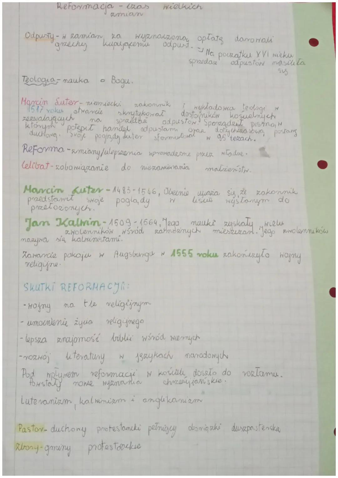 Reformacja - czas
zmian
Odpusty - H Ramian za wyznaczoną opłatę darowali
grzechy kupującemu odpust.
Teologia- nauka
Marcin Suter- niemiecki
