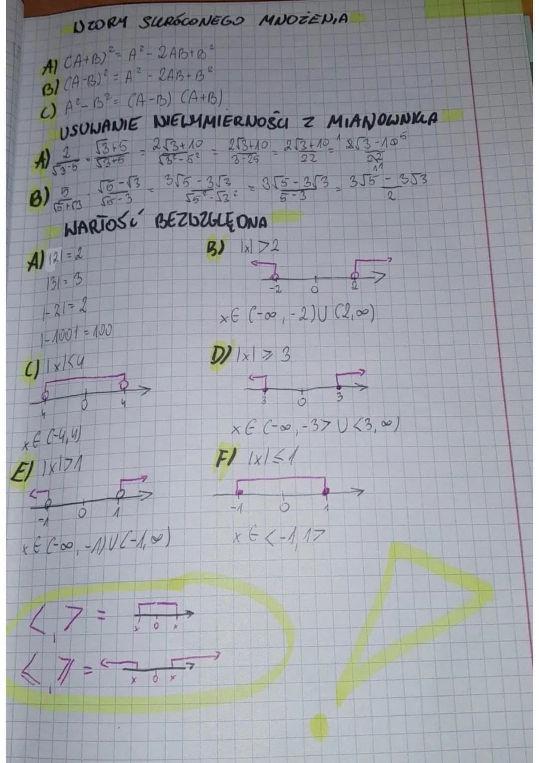 UZORY SURÓCONEGO MNOŻENIA
AI CA+B)² = A ² - 2 AB+B ²
2
B)(A-B)² = A ² - 2AB+ Be
() A²-B² = (A-B) (A+B)
USUWANIE NIEWYMIERNOŚCI Z MIANOWNICA
