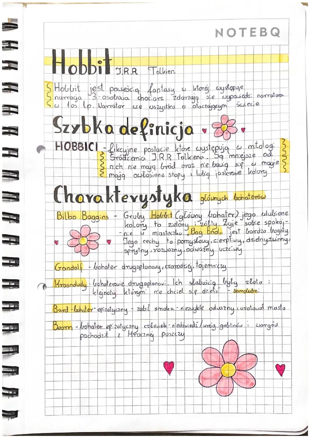 NOTEBQ

Hobbit J.R.R Tolkien.

Hobbit jest powieścią fantasy wktorej występuje
narraja 3-osobowa chociarz zdarzają sie wypowiedzi narratora
