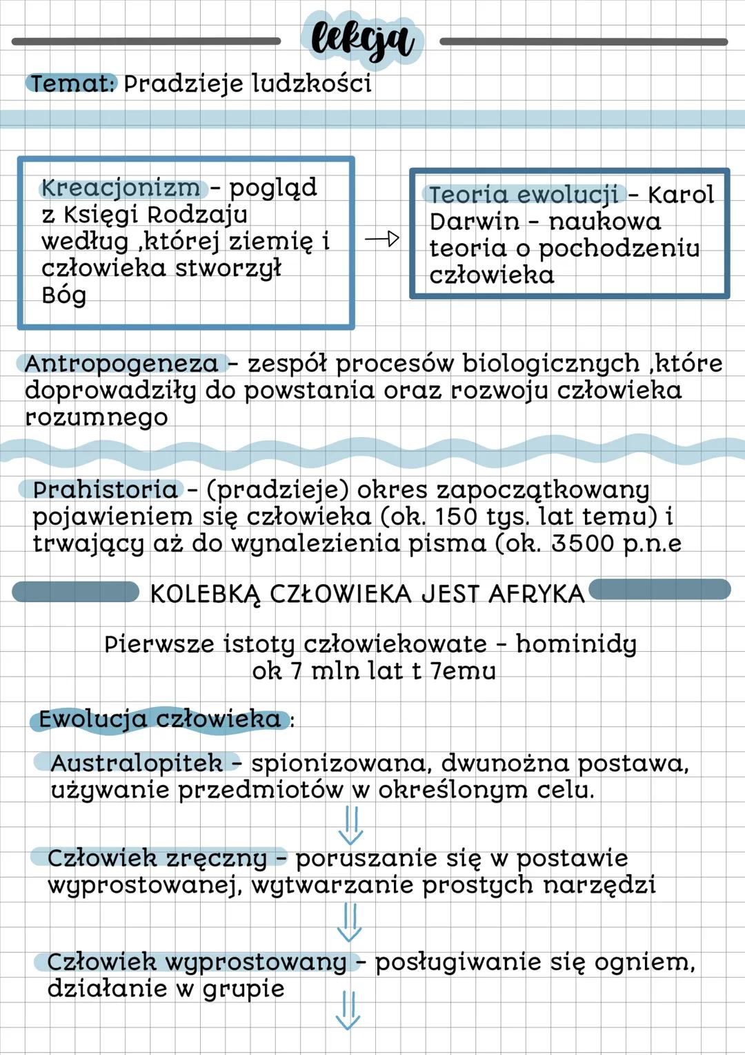 lekcja
Temat: Pradzieje ludzkości
Kreacjonizm - pogląd
z Księgi Rodzaju
według której ziemię i →
człowieka stworzył
Bóg
Teoría ewolucji - Ka