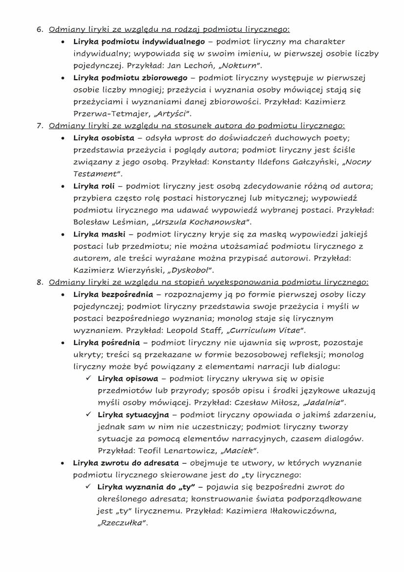 1. Podmiot literacki (podmiot wypowiadający się):
Podmiot liryczny - osoba fikcyjna wypowiadająca swoje przeżycia i doznania;
nadawca monolo