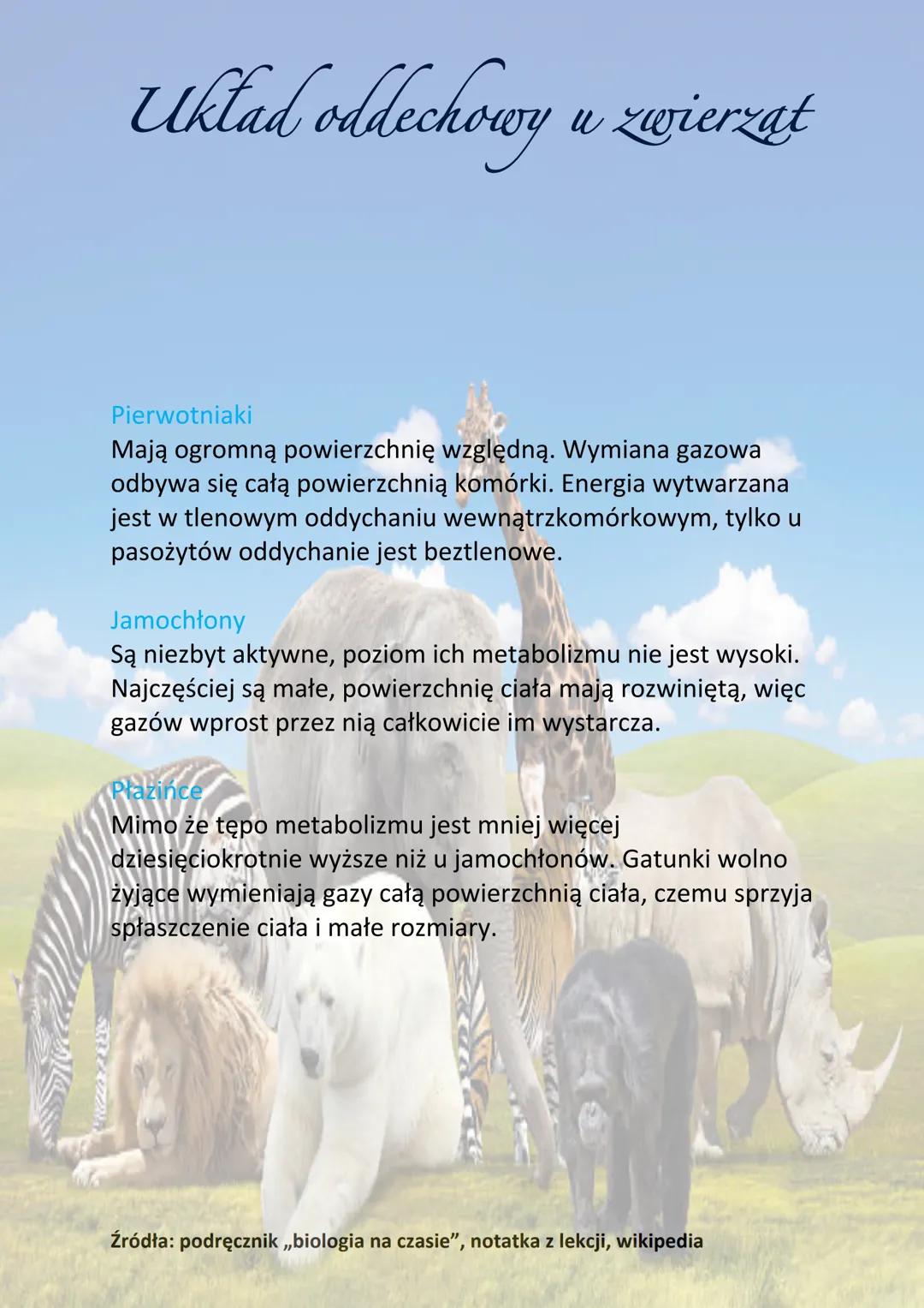 Układ oddechowy u zwierząt
Oddychanie to proces polegający na wymianie gazowej tlenu i
dwutlenku węgla pomiędzy organizmem a środowiskiem
ze