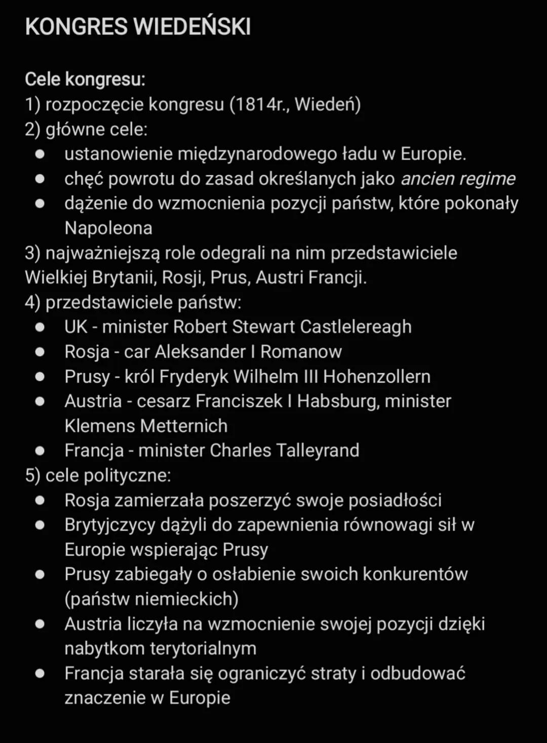 KONGRES WIEDEŃSKI
Cele kongresu:
1) rozpoczęcie kongresu (1814r., Wiedeń)
2) główne cele:
ustanowienie międzynarodowego ładu w Europie.
• ch