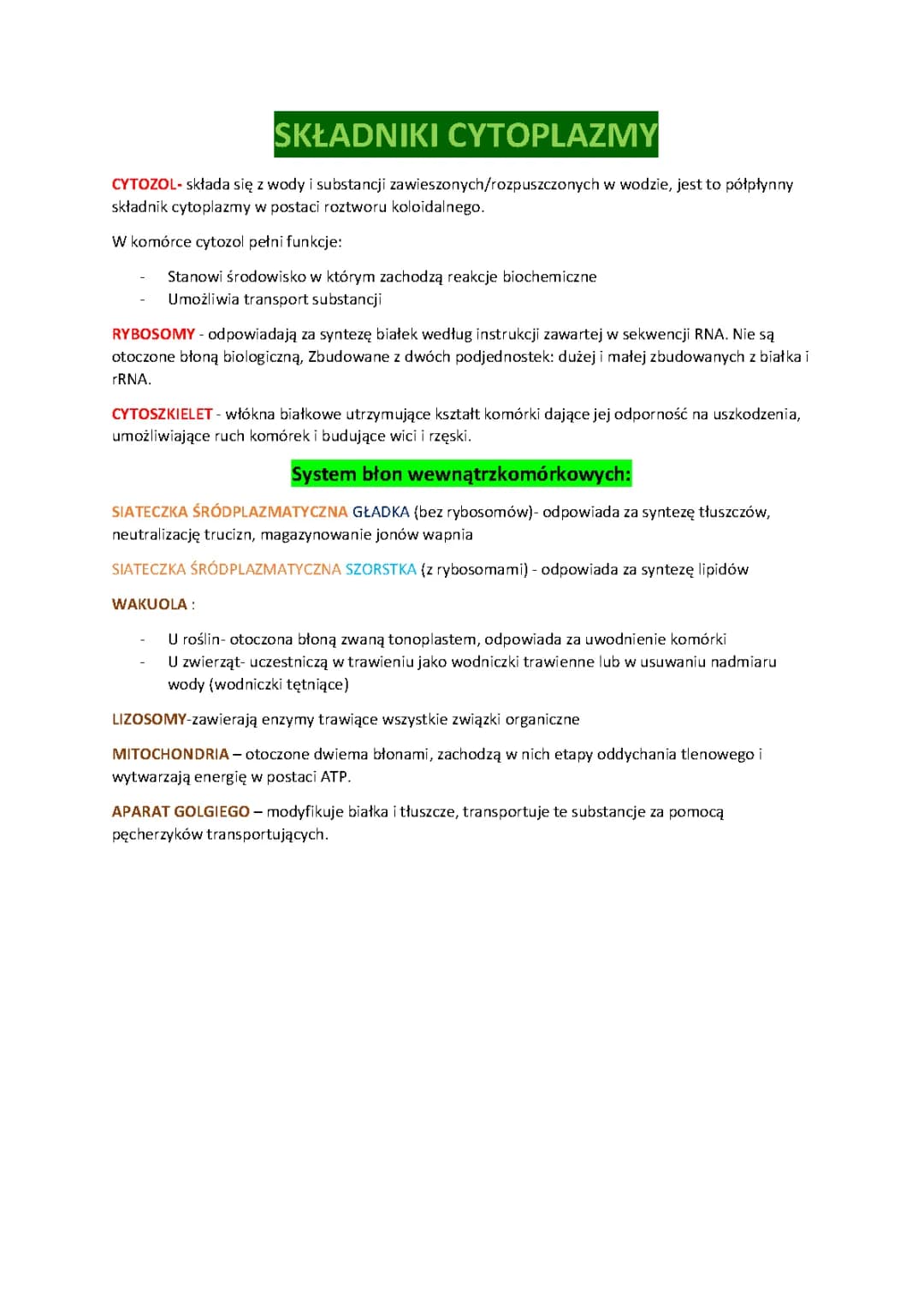Biologia składniki cytoplazmy 