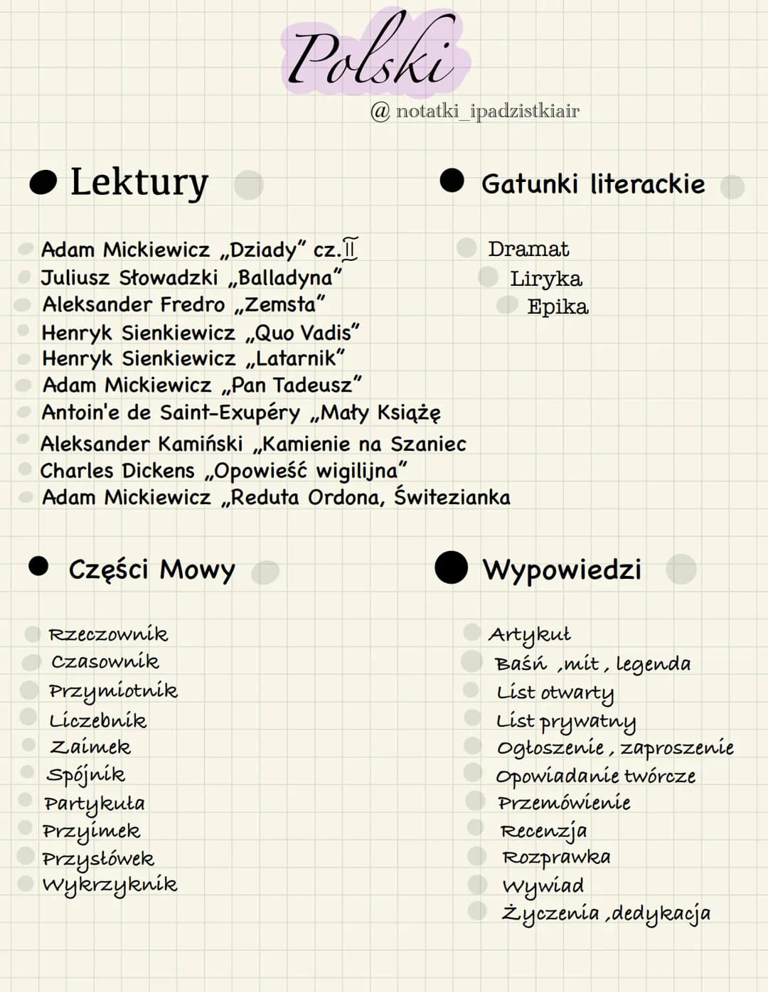 Lektury
Adam Mickiewicz „Dziady" cz.
Juliusz Słowadzki „Balladyna”
Aleksander Fredro ,,Zemsta"
Henryk Sienkiewicz „Quo Vadis"
Henryk Sienkie