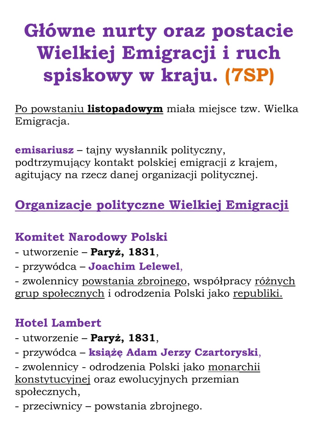 Główne nurty oraz postacie
Wielkiej Emigracji i ruch
spiskowy w kraju. (7SP)
Po powstaniu listopadowym miała miejsce tzw. Wielka
Emigracja.
