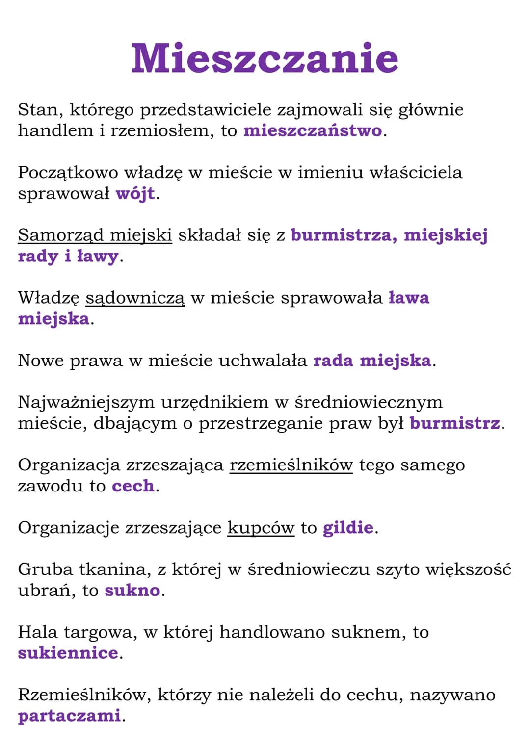 Mieszczanie
Stan, którego przedstawiciele zajmowali się głównie
handlem i rzemiosłem, to mieszczaństwo.
Początkowo władzę w mieście w imieni