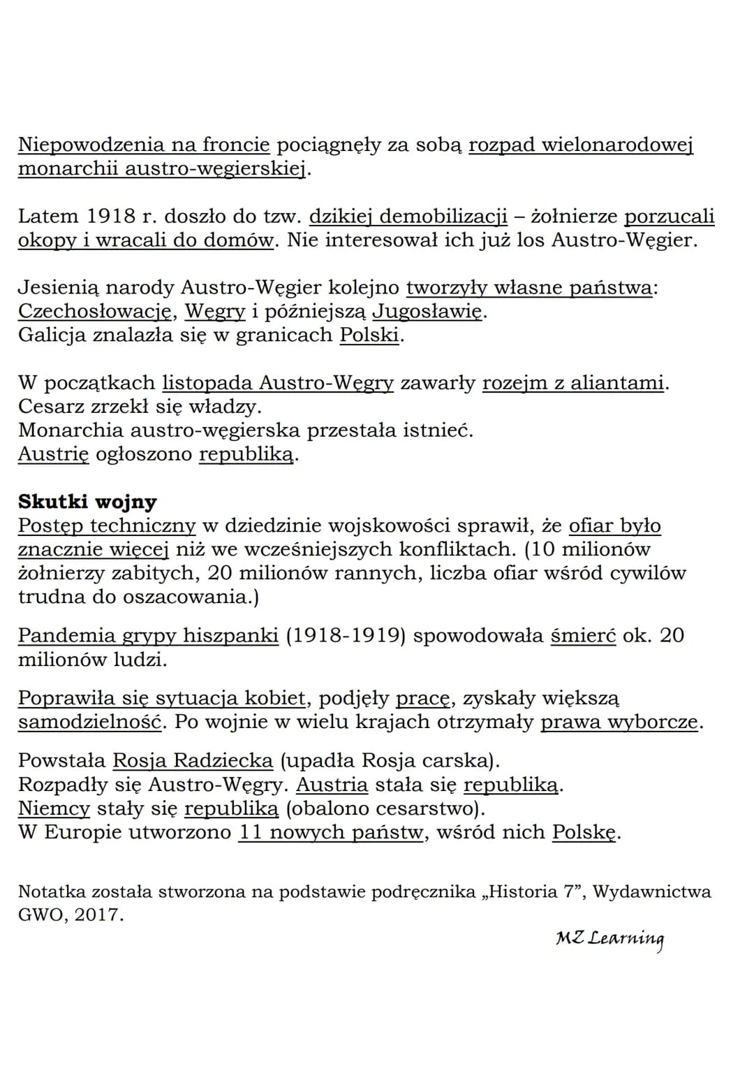 --- OCR Start ---
MZ_LEARNING_KNOW
Klęska państw centralnych
Klasa 7, Historia, GWO
Front zachodni, którego linia biegła przez Belgię i Fran