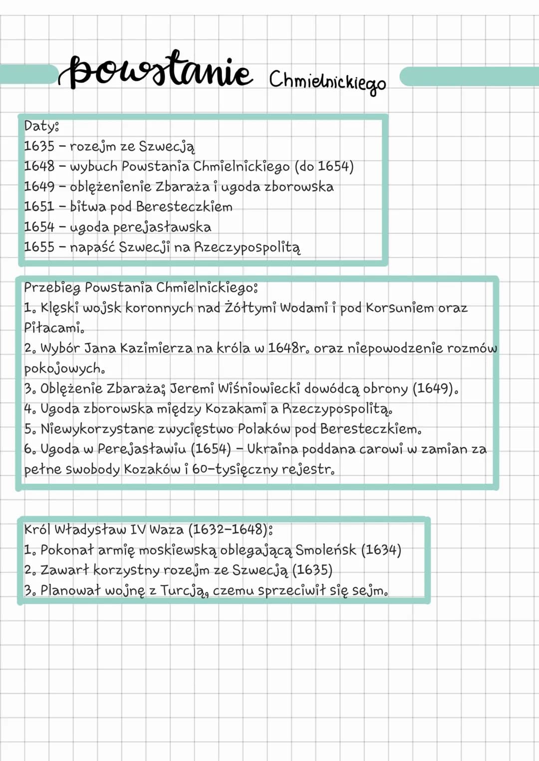 powstanie Chmielnickiego
Daty:
1635 - rozejm ze Szwecją
1648- wybuch Powstania Chmielnickiego (do 1654)
1649 - oblężenienie Zbaraża i ugoda 