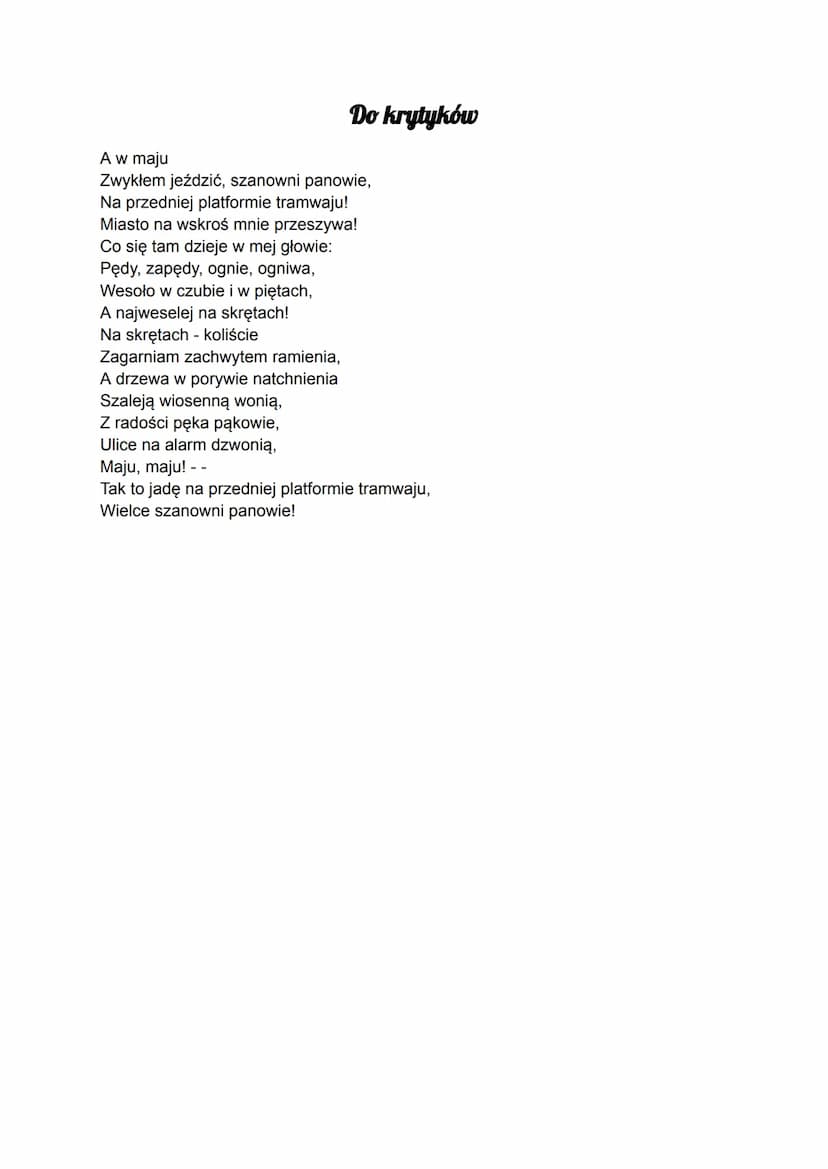 Julian Tuwim
Wybrane utwory
Ranyjulek
Utwór ,,Ranyjulek" posiada cechy charakterystyczne dla wczesnego etapu twórczości Juliana
Tuwima. Obra