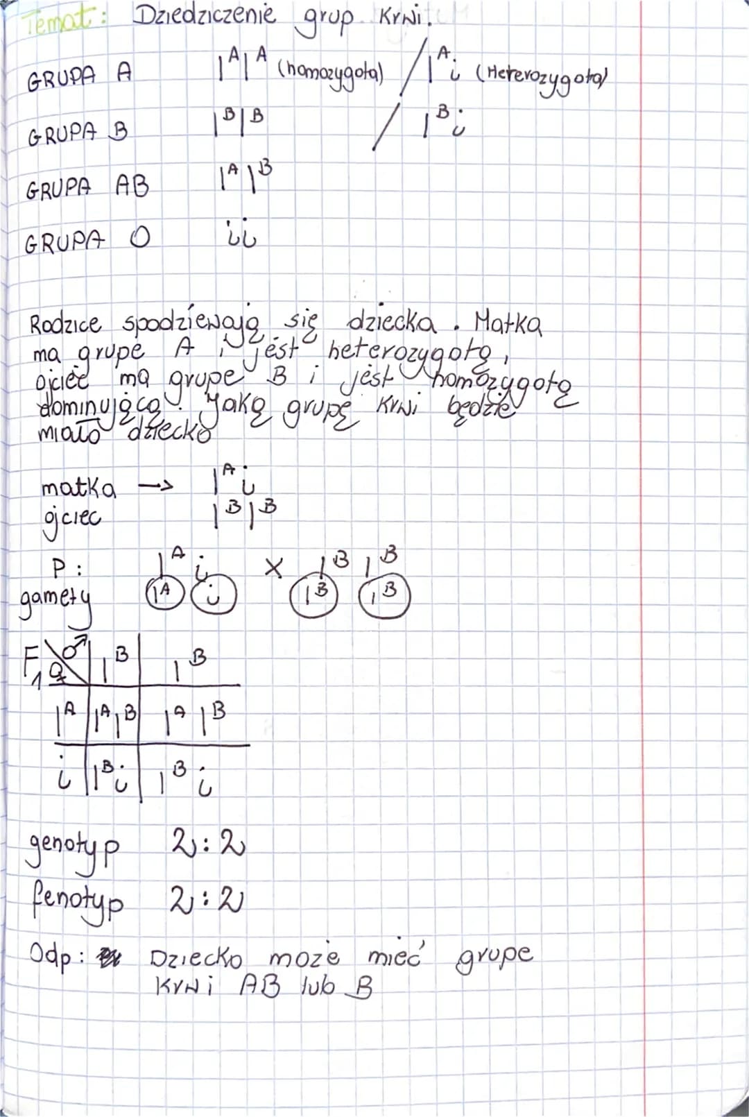 Temat: Dziedziczenie grup...
GRUPA A
GRUPA B
GRUPA AB
GRUPA O
matka
ojciec
P:
gamety
KrNitcH
AA (homozygota) Ii (Heterozygota)
/ 1³0
A
Rodzi