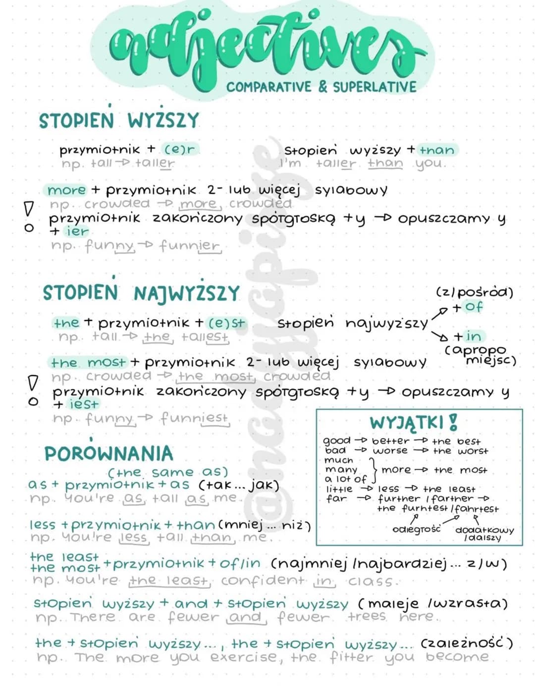 O
qafectives
COMPARATIVE & SUPERLATIVE
STOPIEN WYŻSZY
przymiotnik + (e)r
np. tall taller
O
sylabowy
more + przymiotnik 2- lub więcej
np. cro