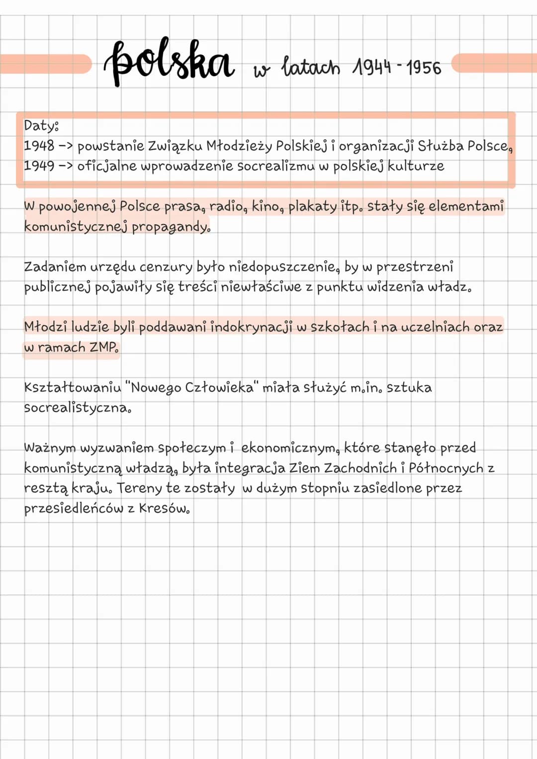 polska w latach 1944-1956
Daty:
1948 -> powstanie Związku Młodzieży Polskiej i organizacji Służba Polsce,
1949 -> oficjalne wprowadzenie soc