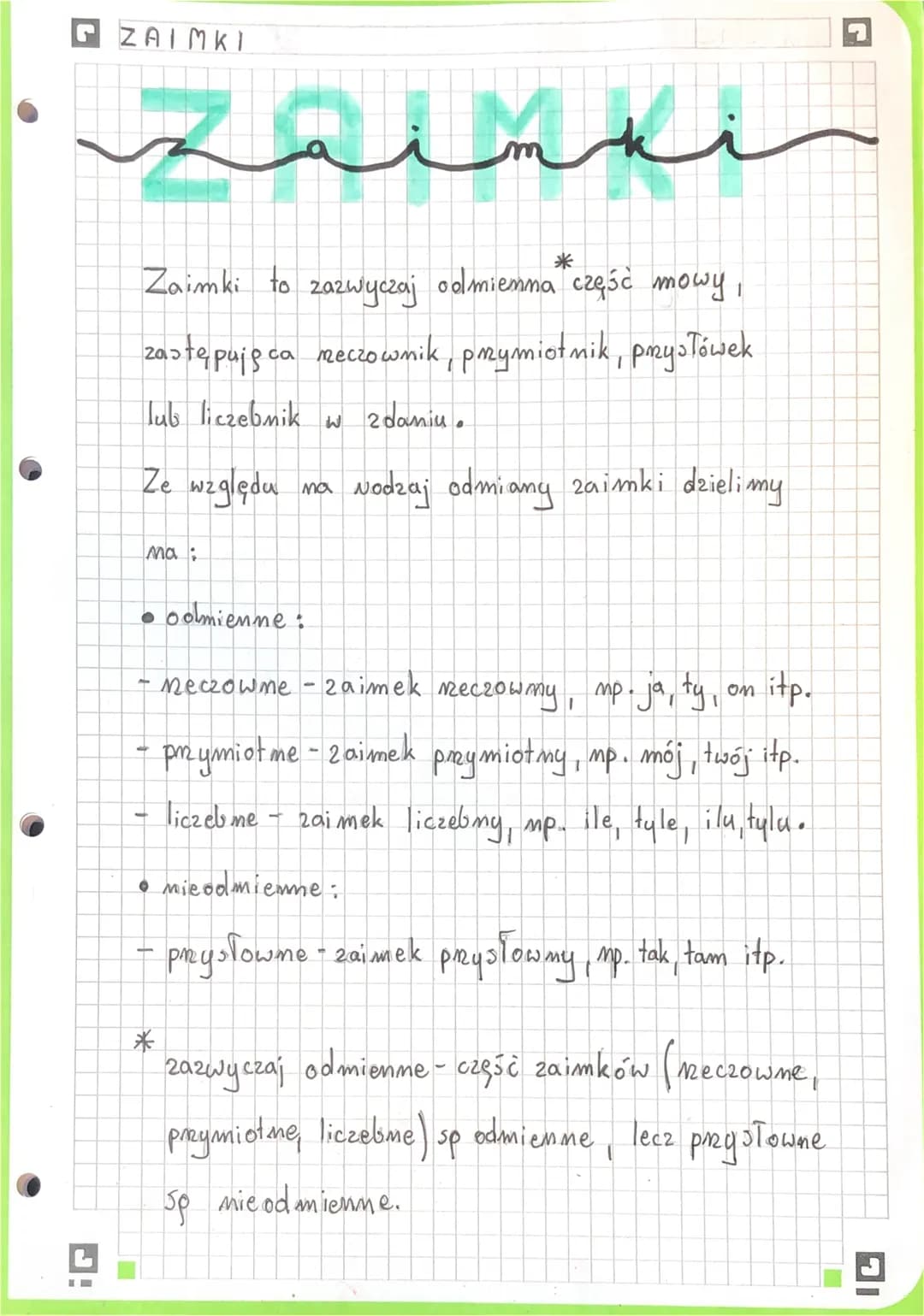 ZAIMKI
*
Zaimki to zazwyczaj odmiemna część mowy,
zastępuję ca meczownik, przymiotnik, przysłówek
lub liczebnik w zdaniu.
Ze względu
ma:
●
a