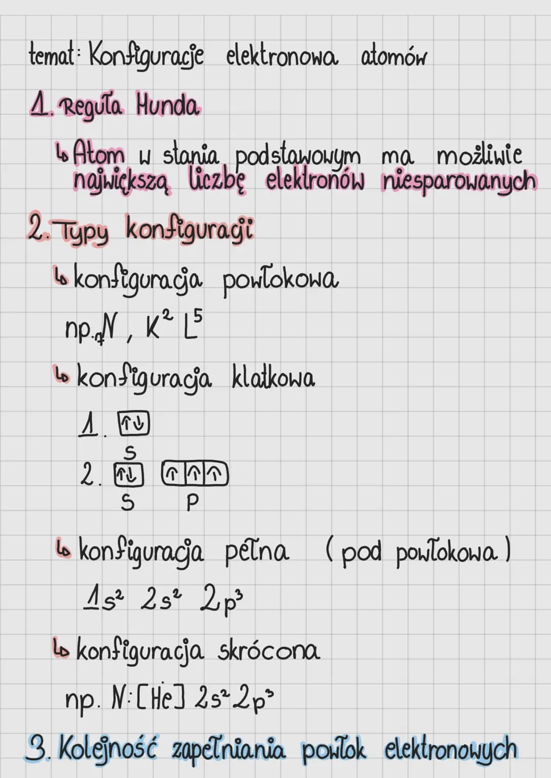 temat: Konfiguracje elektronowa atomów
1. Regula Hunda
↳ Atom w stania podstawowym ma możliwie
największą liczbę elektronów niesparowanych
2