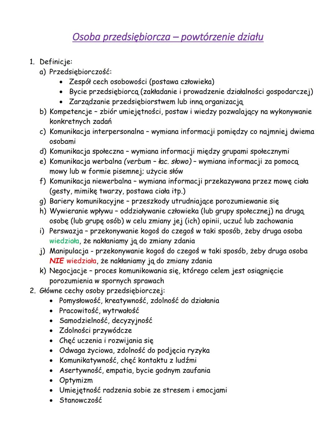 # Osoba przedsiębiorcza – powtórzenie działu

1. Definicje:
a) Przedsiębiorczość:

*   Zespół cech osobowości (postawa człowieka)

*   Bycie