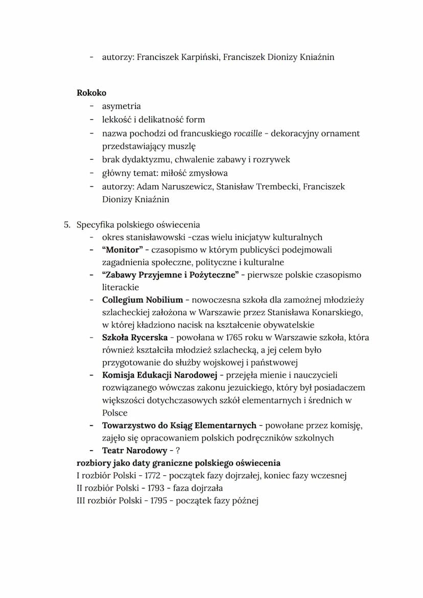 Wiedza z oświecenia
1. Periodyzacja, daty trwania epoki i jej podział
Polska:
początek: I połowa XVIII w. (ok. 1740)
koniec: I połowa XIX w.