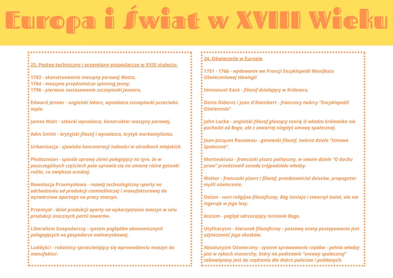 Europa i Świat w XVIII Wieku
23. Postęp techniczny i przemiany gospodarcze w XVIII stuleciu:
1763 - skonstruowanie maszyny parowej Watta,
17