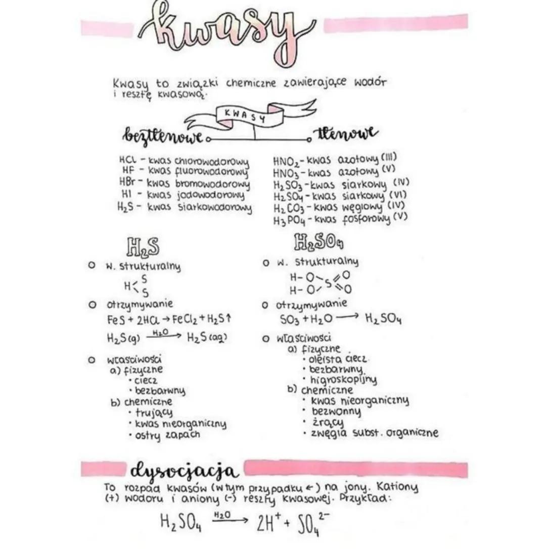 Kwasy
Kwasy to związki chemiczne zawierające wodór
i resztę kwasową₂
beztlenowe a
HCL-kwas chiorowodorowy
HF-kwas fluorowodorowy
HBr- kwas b