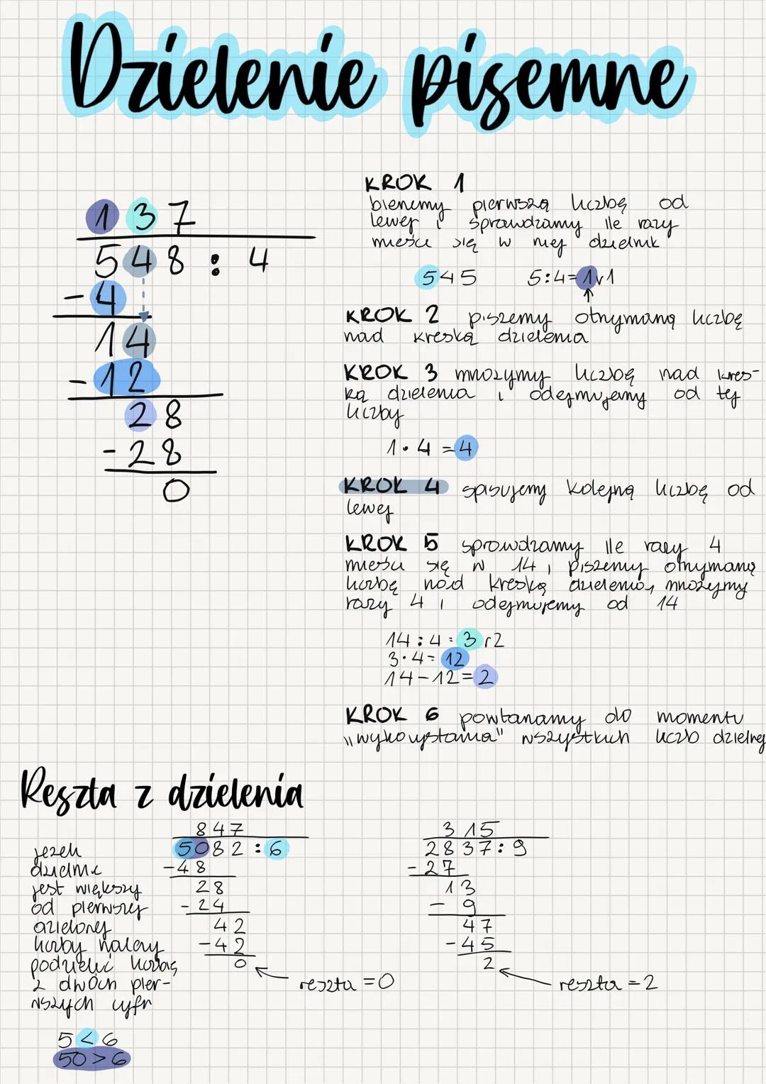 # Dzielenie pisemne

137
548:4
-44

14
-12

28
-28

KROK 1
bienemy pierwszą liczbę od
lewer Sprawdzamy alle razy
miesce się W niej dielmk
54