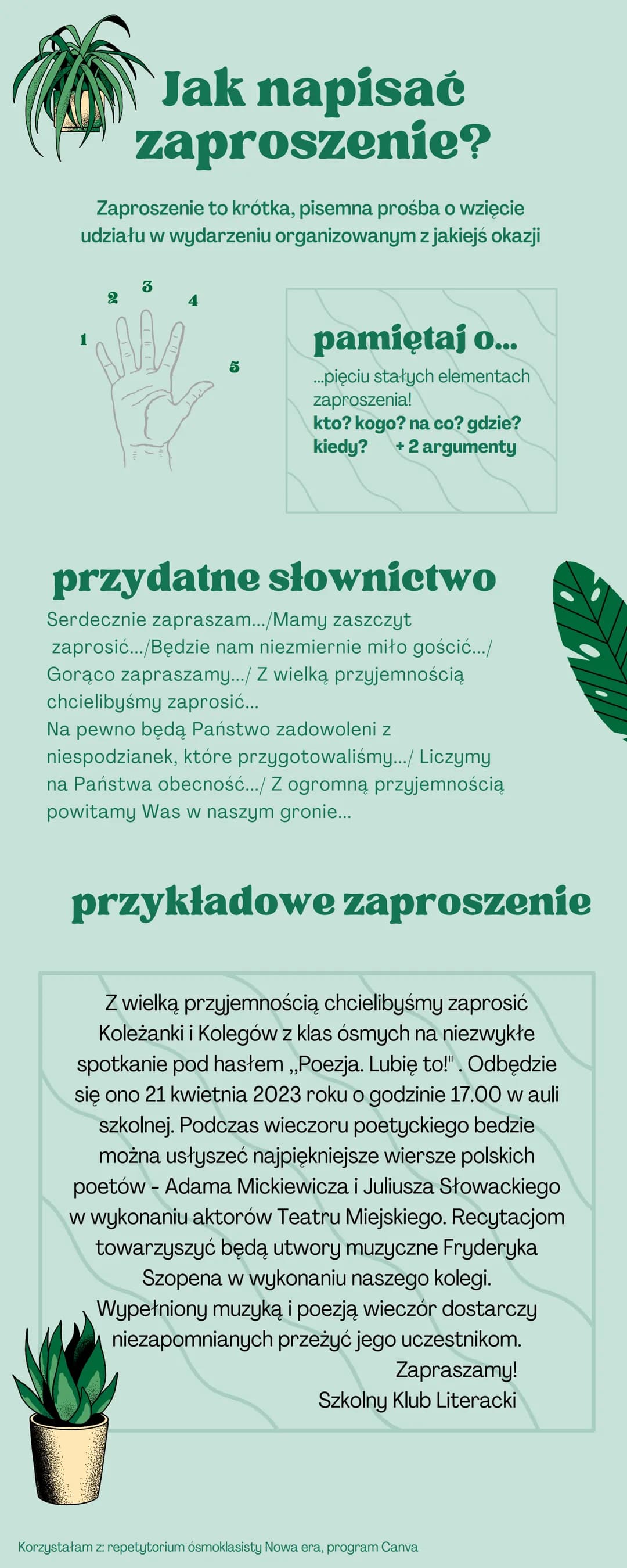 Jak napisać
zaproszenie?
Zaproszenie to krótka, pisemna prośba o wzięcie
udziału w wydarzeniu organizowanym z jakiejś okazji
3
pamiętaj o...