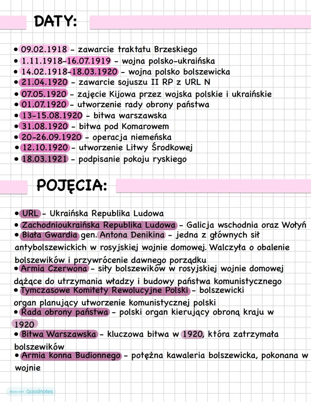 # DATY:

- 09.02.1918 - zawarcie traktatu Brzeskiego
- 1.11.1918-16.07.1919 - wojna polsko-ukraińska
- 14.02.1918-18.03.1920 - wojna polsko 