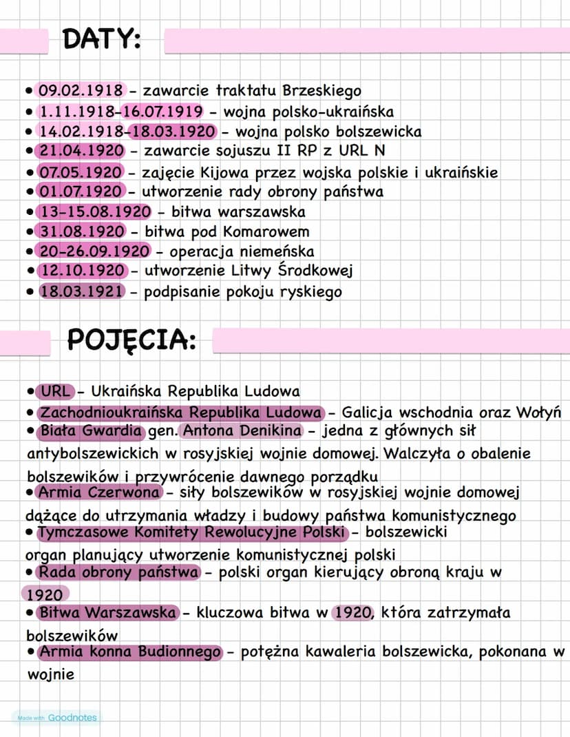 # DATY:

- 09.02.1918 - zawarcie traktatu Brzeskiego
- 1.11.1918-16.07.1919 - wojna polsko-ukraińska
- 14.02.1918-18.03.1920 - wojna polsko 