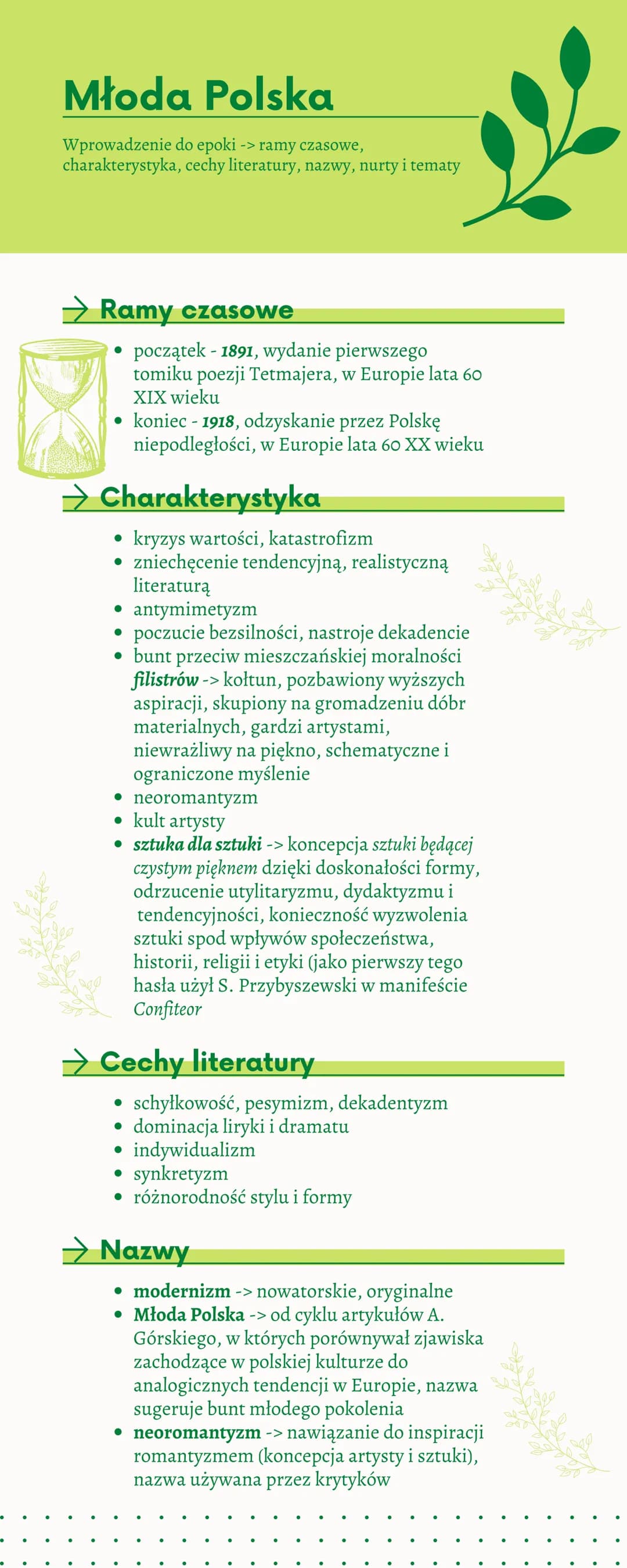 Młoda Polska
Wprowadzenie do epoki -> ramy czasowe,
charakterystyka, cechy literatury, nazwy, nurty i tematy
Ramy czasowe
początek - 1891, w