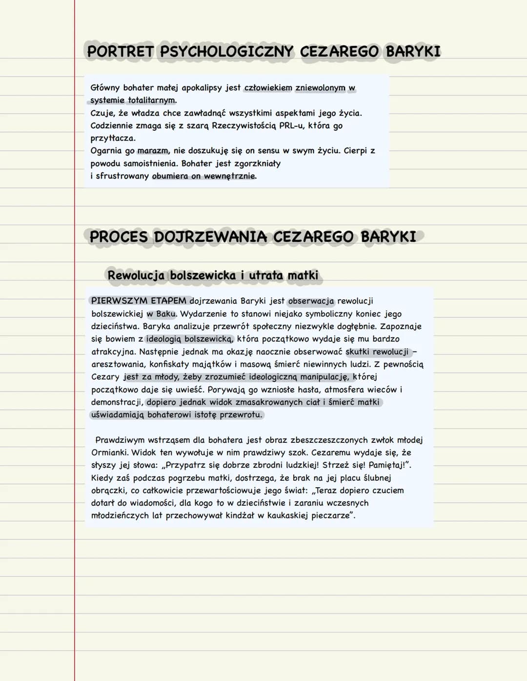 PORTRET PSYCHOLOGICZNY CEZAREGO BARYKI
Główny bohater małej apokalipsy jest człowiekiem zniewolonym w
systemie totalitarnym.
Czuje, że władz