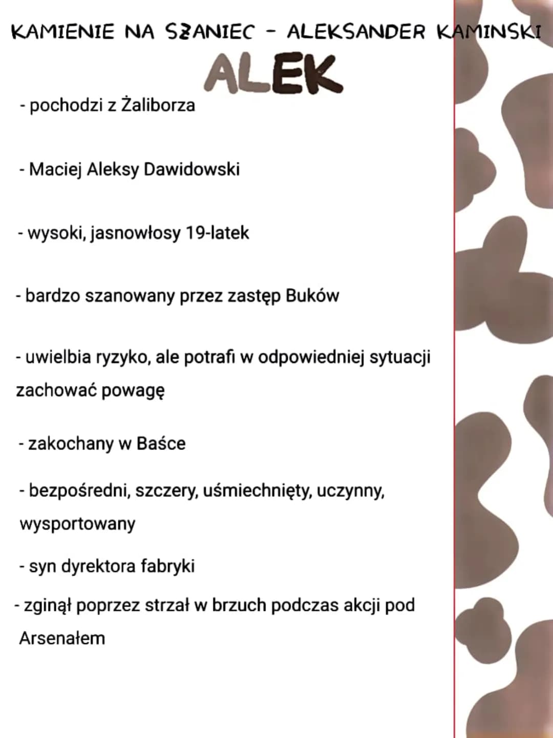 KAMIENIE NA SZANIEC - ALEKSANDER KAMINSKI
ALEK
- pochodzi z Żaliborza
- Maciej Aleksy Dawidowski
- wysoki, jasnowłosy 19-latek
- bardzo szan