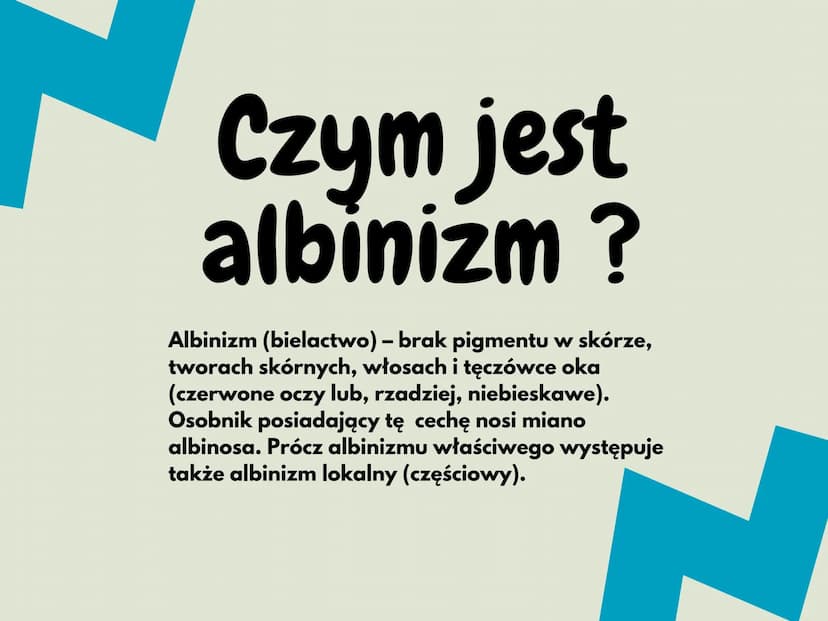 <h2 id="czymjestalbinizm">Czym jest albinizm?</h2>
<p>Albinizm (bielactwo) to stan, w którym brakuje pigmentu w skórze, włosach, tęczówce ok