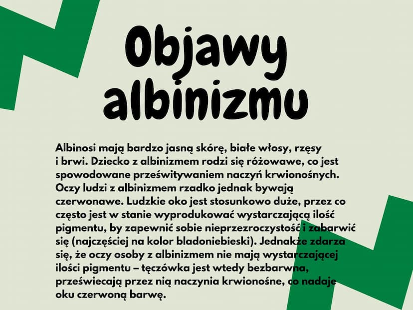 <h2 id="czymjestalbinizm">Czym jest albinizm?</h2>
<p>Albinizm (bielactwo) to stan, w którym brakuje pigmentu w skórze, włosach, tęczówce ok