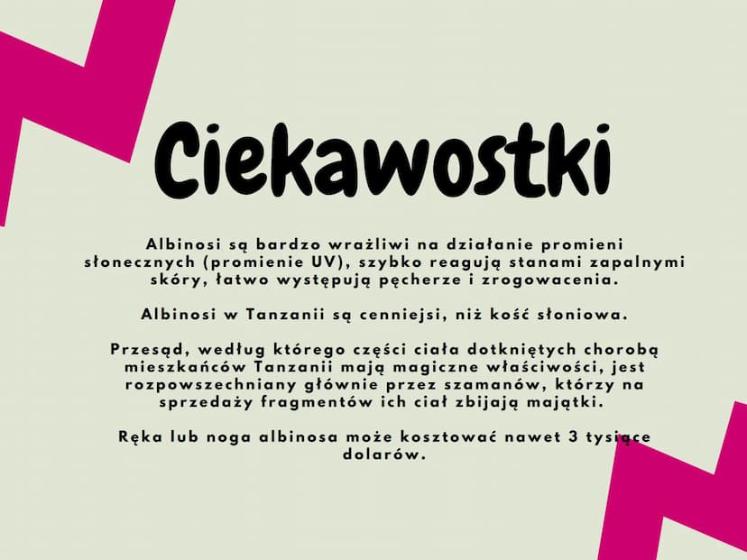 <h2 id="czymjestalbinizm">Czym jest albinizm?</h2>
<p>Albinizm (bielactwo) to stan, w którym brakuje pigmentu w skórze, włosach, tęczówce ok