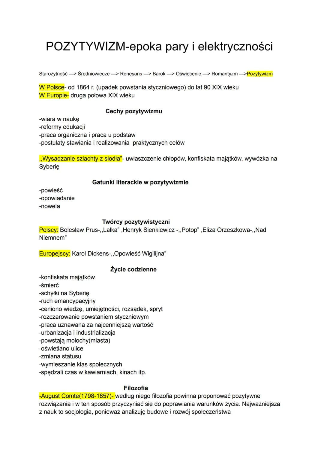 POZYTYWIZM-epoka pary i elektryczności
Starożytność -> Średniowiecze -> Renesans-> Barok -> Oświecenie -> Romantyzm ->Pozytywizm
W Polsce- o