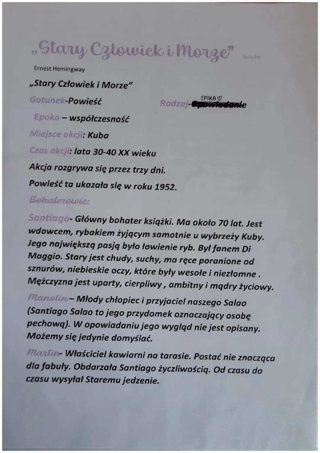 „Stary Człowiek i morze"
Ernest Hemingway
,,Stary Człowiek i Morze"
Study Bea
Gatunek-Powieść
Epoka - współczesność
Miejsce akcji: Kuba
Czas