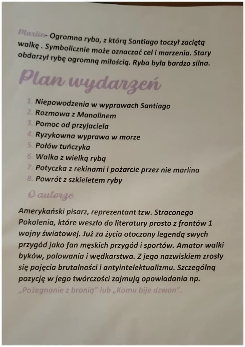 „Stary Człowiek i morze"
Ernest Hemingway
,,Stary Człowiek i Morze"
Study Bea
Gatunek-Powieść
Epoka - współczesność
Miejsce akcji: Kuba
Czas