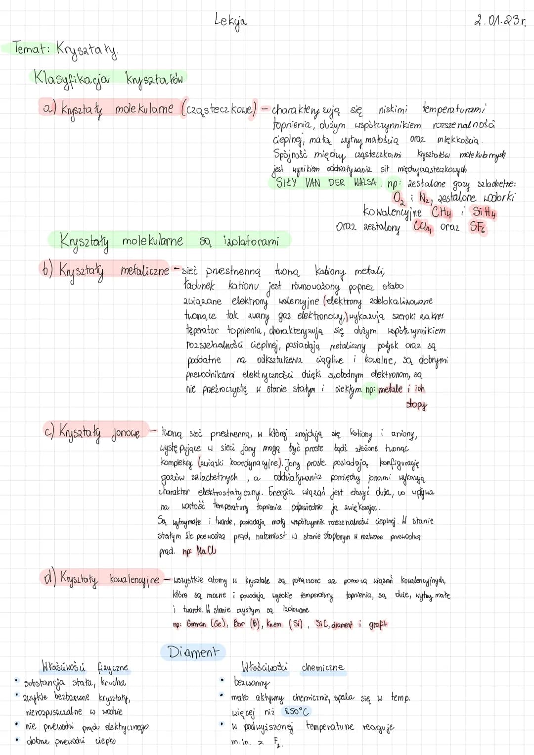 .
Temat: Krysataty.
Klasyfikacja krysata kon
a.) krysztaty molekularne (cząsteczkowe) - charakteryzują się niskimi temperaturami
topnienia, 