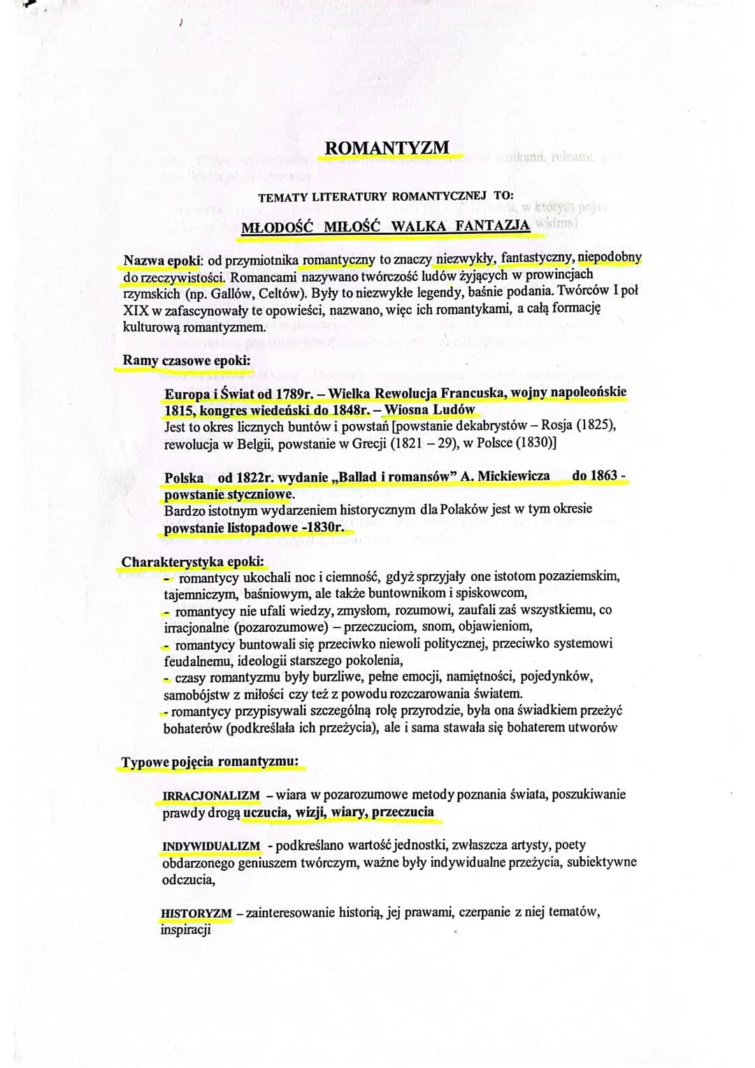 ROMANTYZM
nikami, minam, gi
TEMATY LITERATURY ROMANTYCZNEJ TO:
w którym pojau
MŁODOŚĆ MIŁOŚĆ WALKA FANTAZJA idma)
Nazwa epoki: od przymiotni
