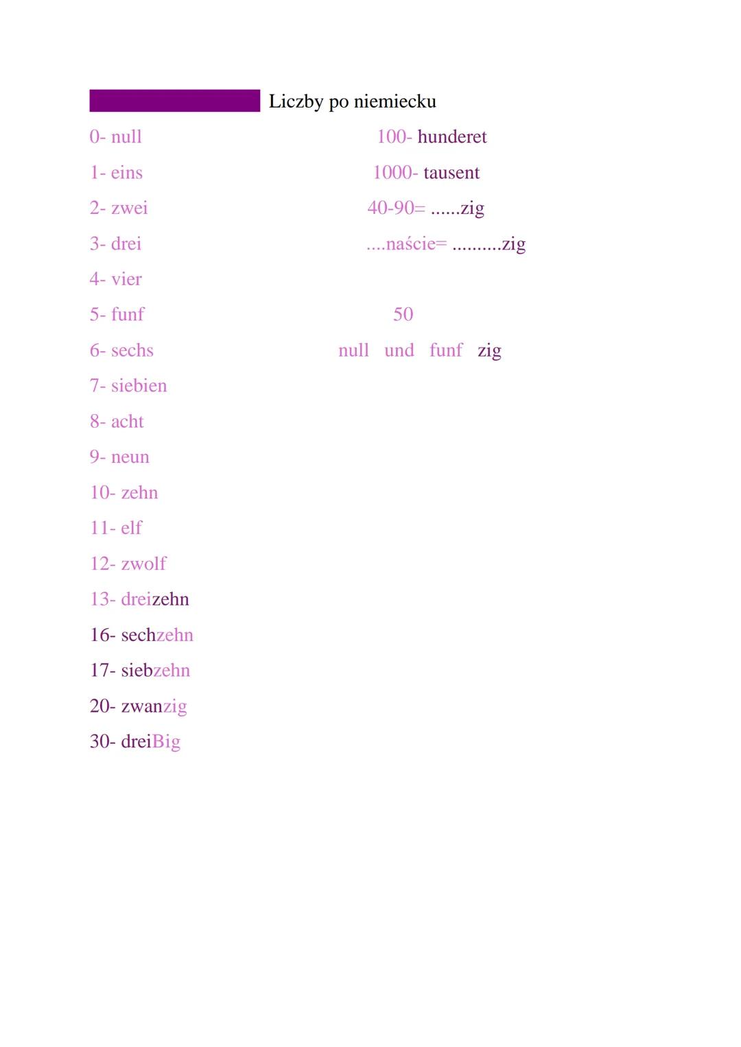 0- null
1- eins
2- zwei
3- drei
4- vier
5- funf
Liczby po niemiecku
100-hunderet
1000- tausent
40-90=......zig
....naście=...........zig
6- 